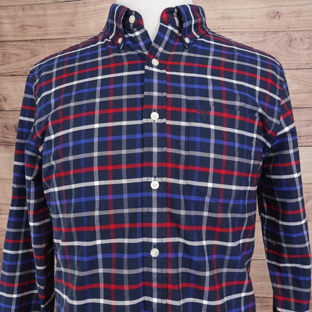 American Eagle Outfitters Shirt L Blue Plaid Long‎ Sleeve Button-Up Classic Fit